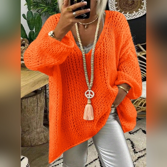 Sweaters - Women's V-Neck Loose Knitted Sweater